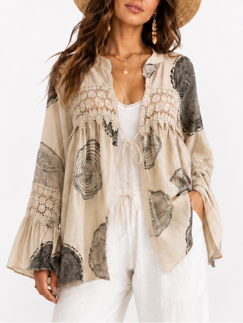 Belle France Linen Woodgrain Print Boho Crochet Lace Bell Sleeve Tunic Top SZ S